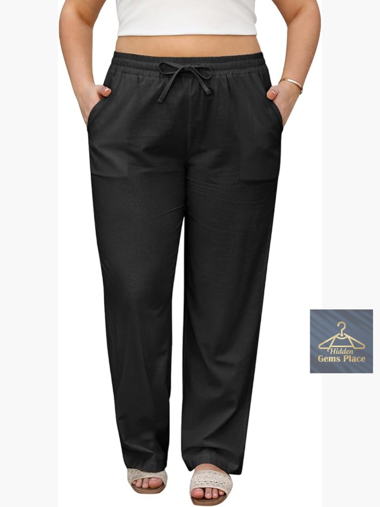 Plus Size Linen Pants Straight Leg Elastic Waist Palazzo With Pockets